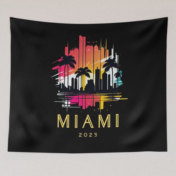 Item preview, Miami 2023, Florida - the graphic design project is a vintage, retro-inspired depiction of tropical Miami beach and palm trees, showcasing the perfect family vacation destination. designed and sold by TourDePassion.