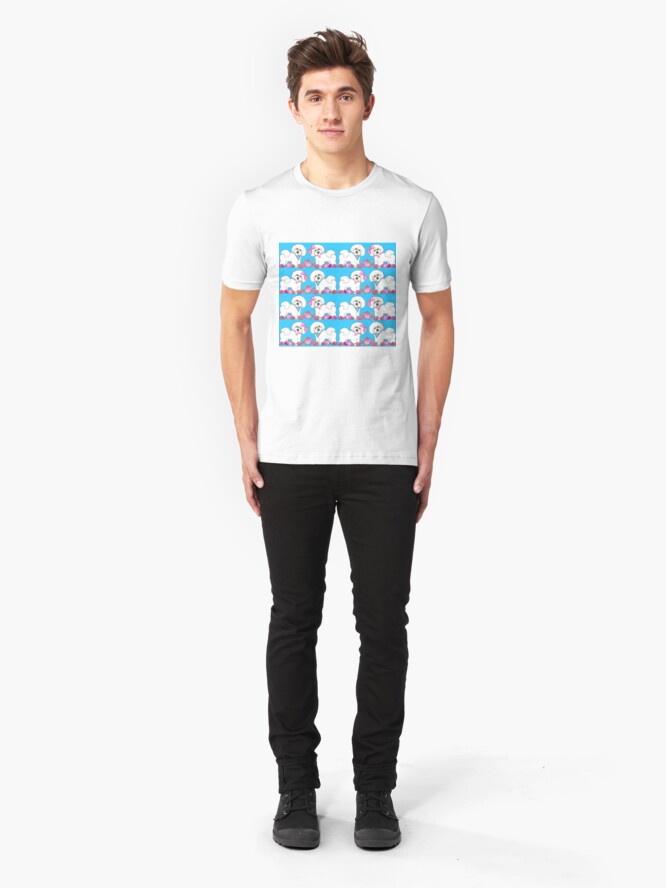 Alternate view of Bichon Frise dogs, Pink rose floral cute dog Slim Fit T-Shirt