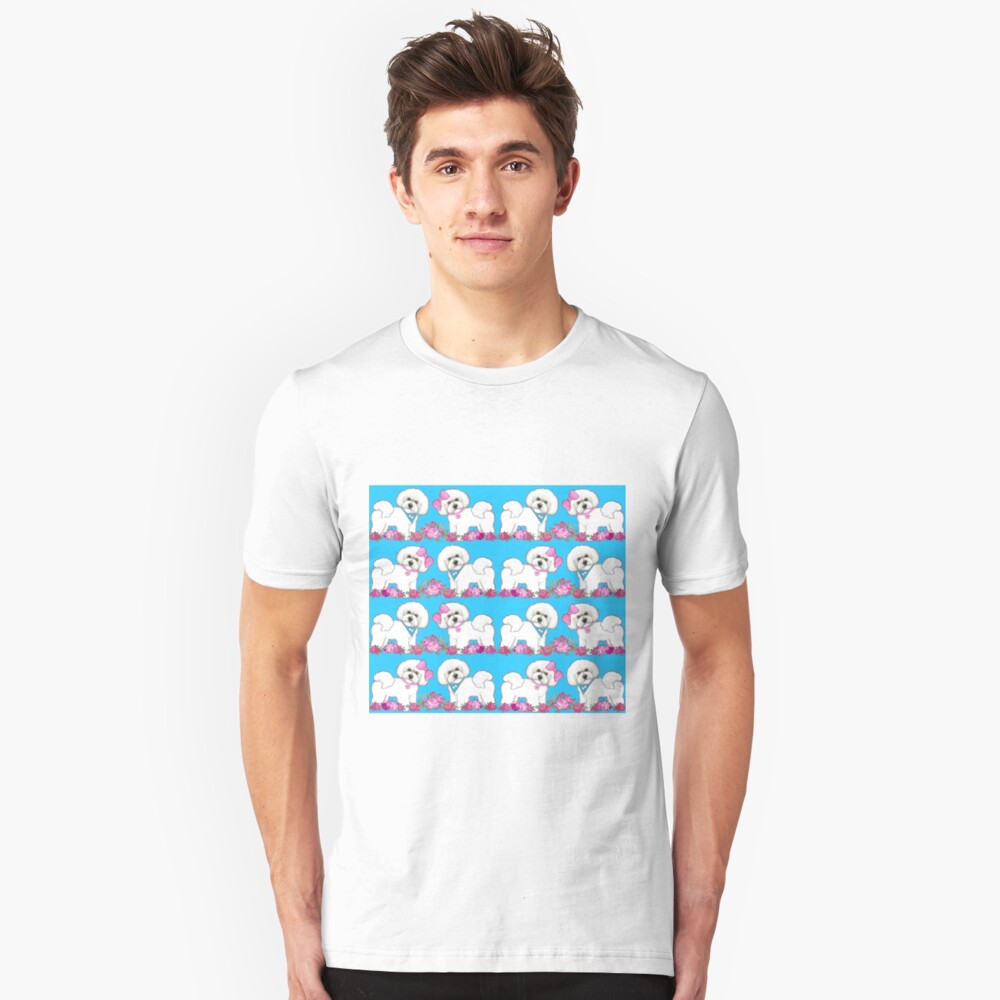 Bichon Frise dogs, Pink rose floral cute dog Slim Fit T-Shirt