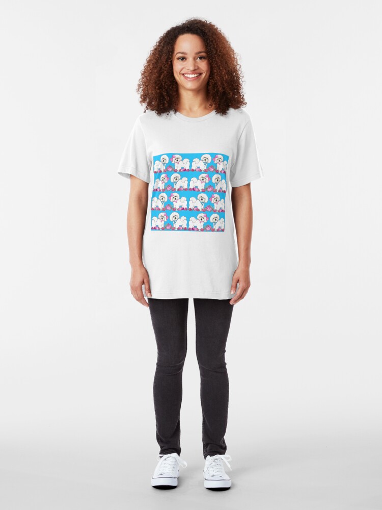 Alternate view of Bichon Frise dogs, Pink rose floral cute dog Slim Fit T-Shirt