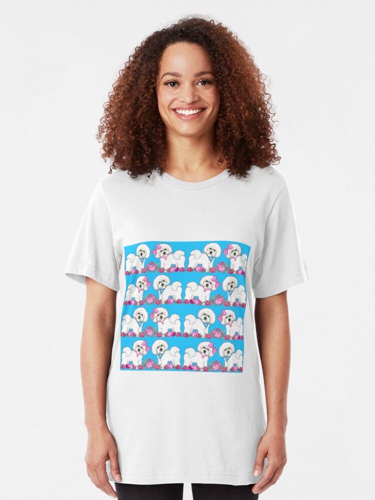 Alternate view of Bichon Frise dogs, Pink rose floral cute dog Slim Fit T-Shirt