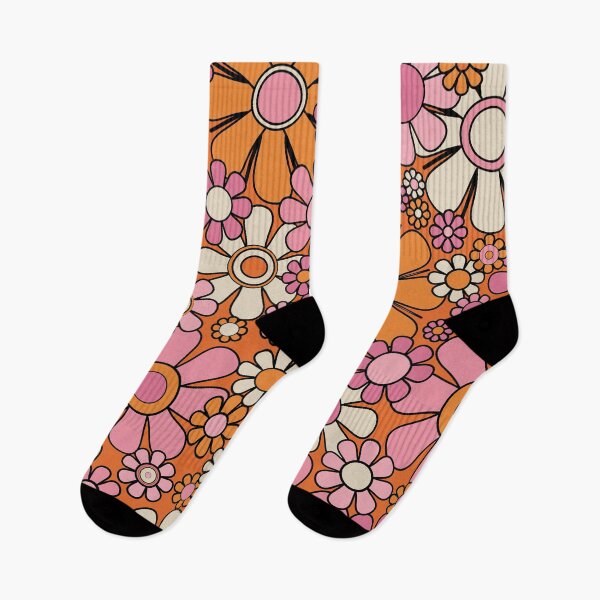 Item preview, Retro Garden Flowers Groovy 60s 70s Floral Pattern in Thulian Pink, Orange, Cream Beige, and Black designed and sold by kierkegaard.