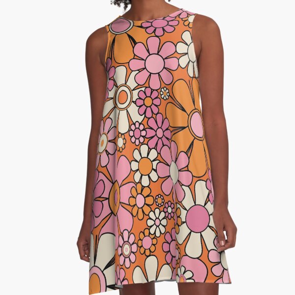 Item preview, Retro Garden Flowers Groovy 60s 70s Floral Pattern in Thulian Pink, Orange, Cream Beige, and Black designed and sold by kierkegaard.