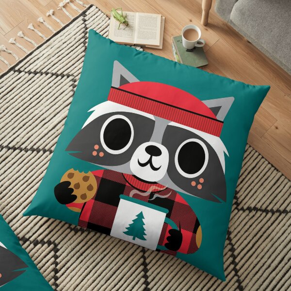 Raccoon in Red Buffalo Plaid Sweater Floor Pillow