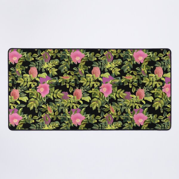 Item preview, Pink rosehip, pink rosehip, black background, roses on black, flower pattern designed and sold by fuzzyfox.
