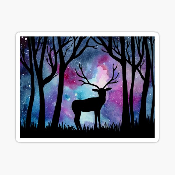 Galaxy Fantasy Silhouette - Stag in Forest with Watercolor Galaxy Sticker
