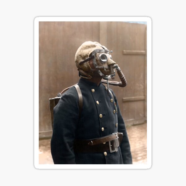 London Fire Brigade fireman, wearing a smoke helmet, 1908. Sticker