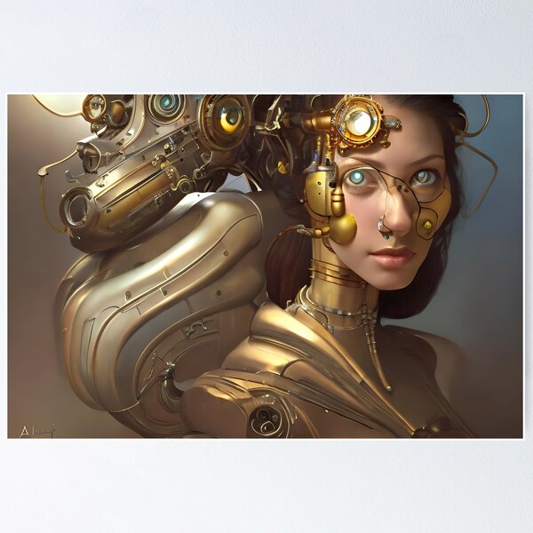 Steampunk robot woman portrait Poster