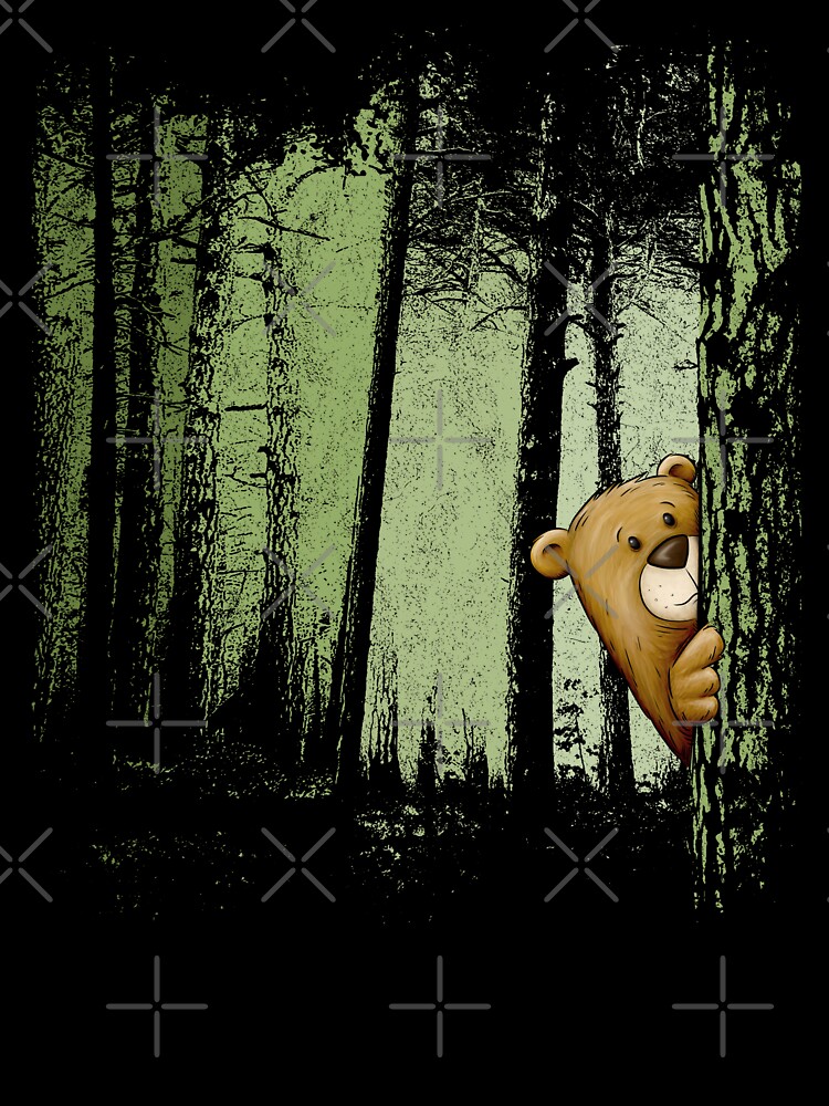 Funny Cute Cartoon Bear Hiding In Twilight Forest Outdoor | Kids T-Shirt