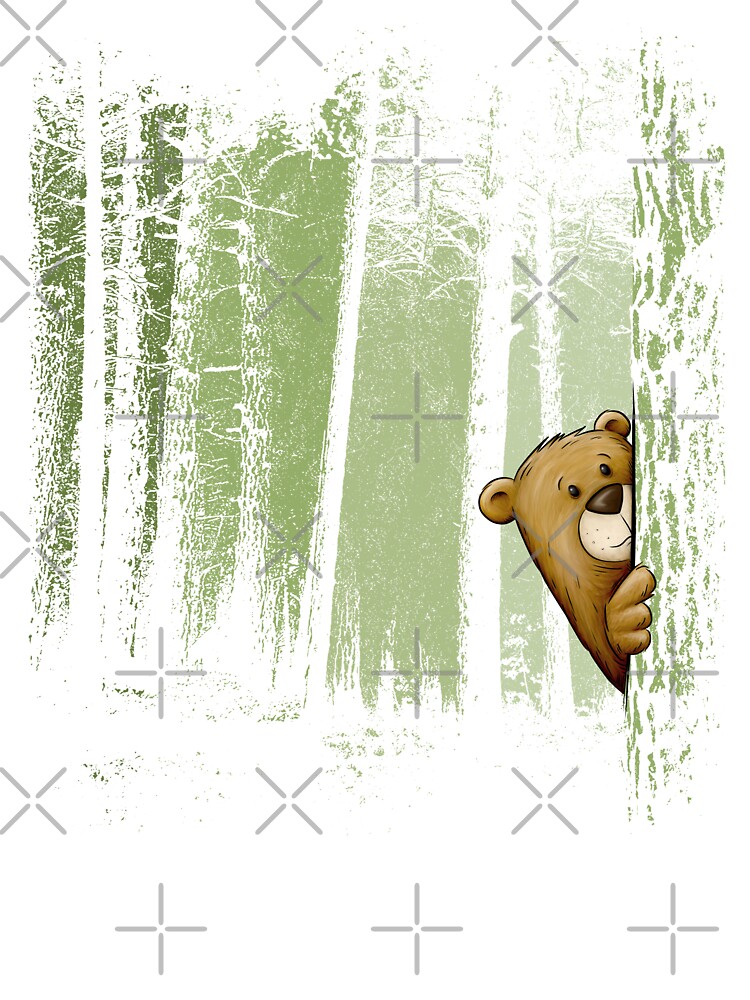 Funny Cute Cartoon Bear Hiding In Twilight Forest Outdoor | Kids T-Shirt