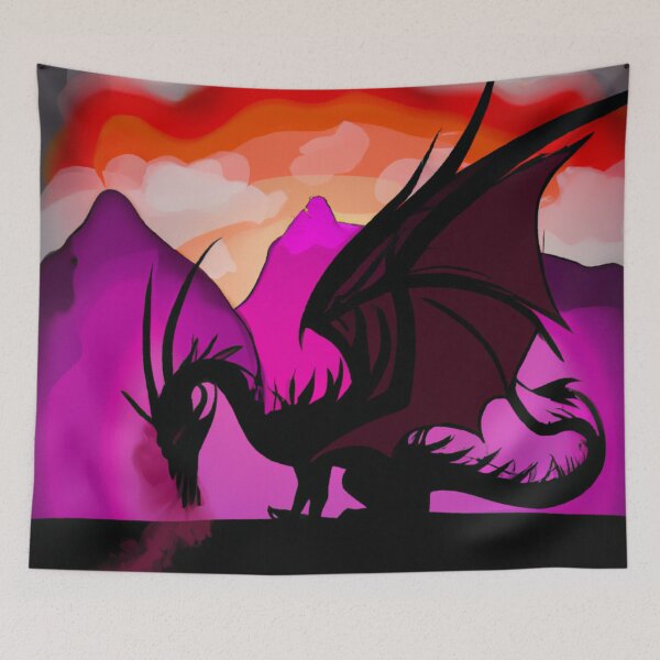 Item preview, Dragon's Fury: A dragon unleashes its fiery breath against the rugged mountainous terrain and vibrant hues of a setting sun designed and sold by majnate.