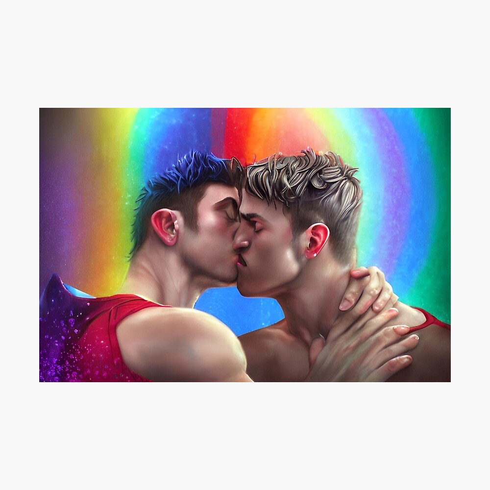 Gay kiss - fantasy scene of two lovers kissing - lgbt