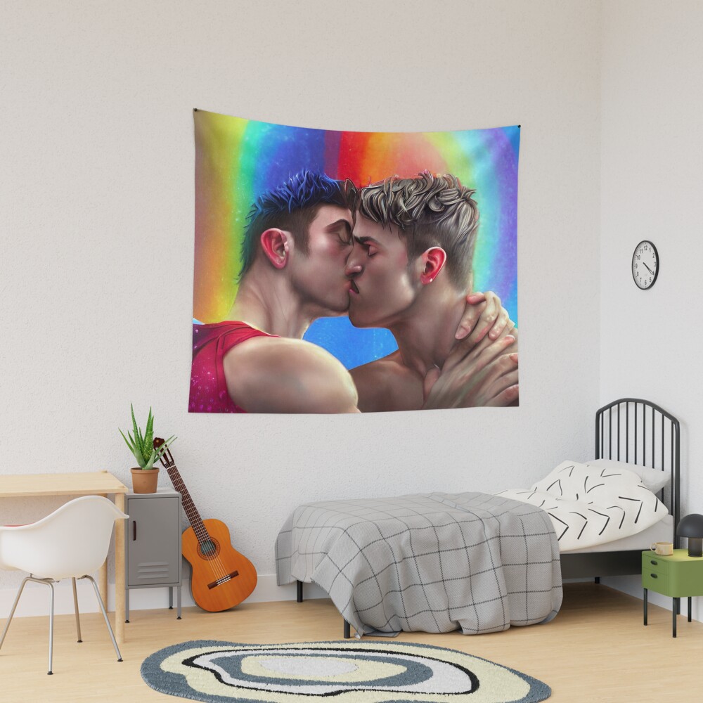 Gay kiss - fantasy scene of two lovers kissing - lgbt