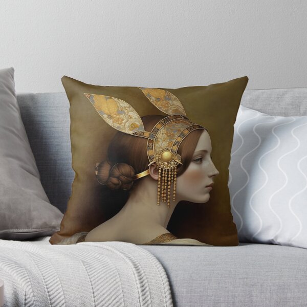 A woman wearing a golden headpiece Throw Pillow