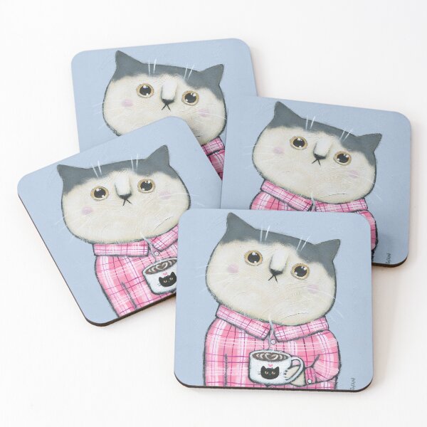 Item preview, Pink Plaid Coffee Cat designed and sold by KilkennyCat Art.