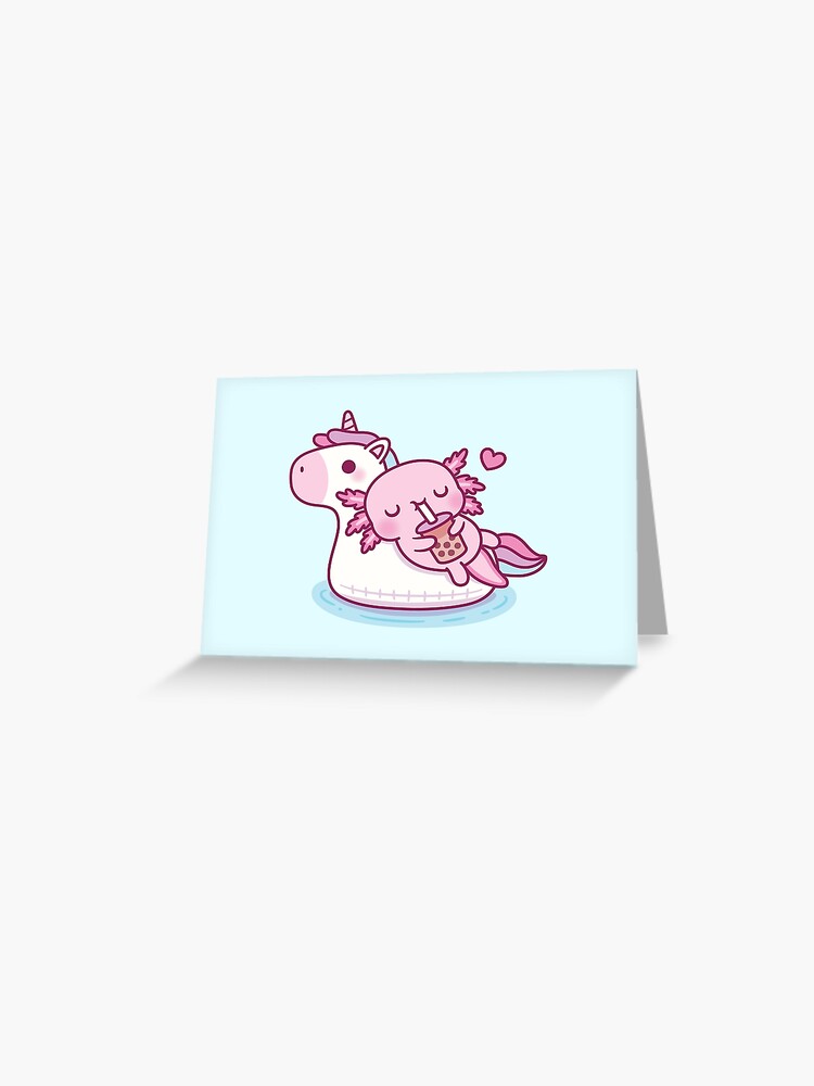 Cute Axolotl Chilling On Unicorn Pool Float Drinking Bubble Tea