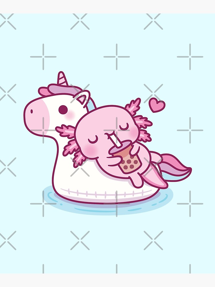 Cute Axolotl Chilling On Unicorn Pool Float Drinking Bubble Tea