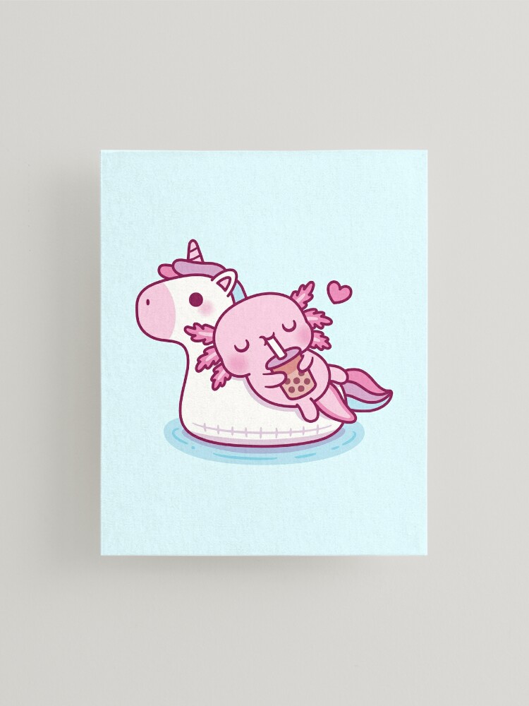 Cute Axolotl Chilling On Unicorn Pool Float Drinking Bubble Tea