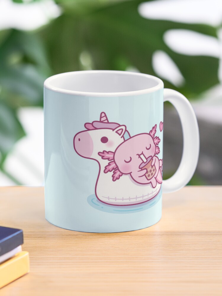 Cute Axolotl Chilling On Unicorn Pool Float Drinking Bubble Tea
