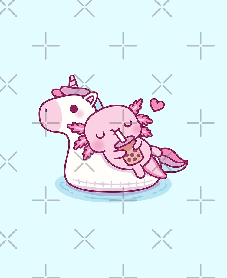 Cute Axolotl Chilling On Unicorn Pool Float Drinking Bubble Tea