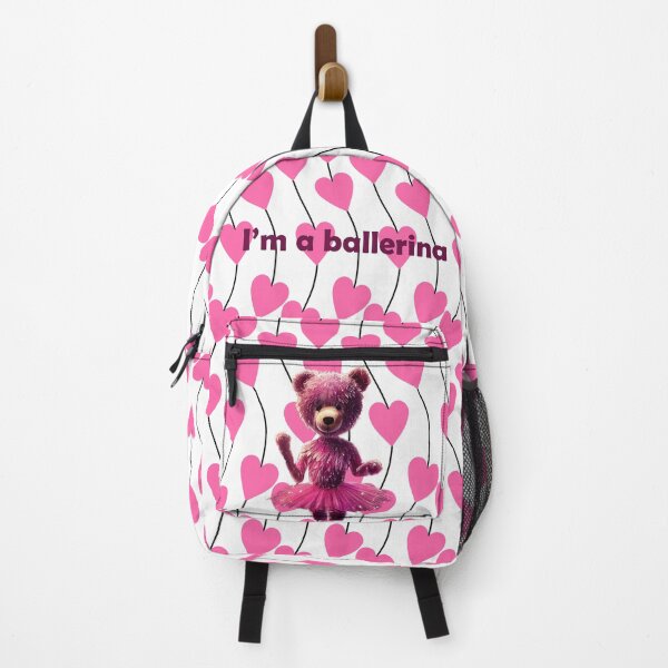 Item preview, I'm a ballerina plush teddy bear in pink tutu - with pink heart background - backpack design designed and sold by EmeraldeaArt.