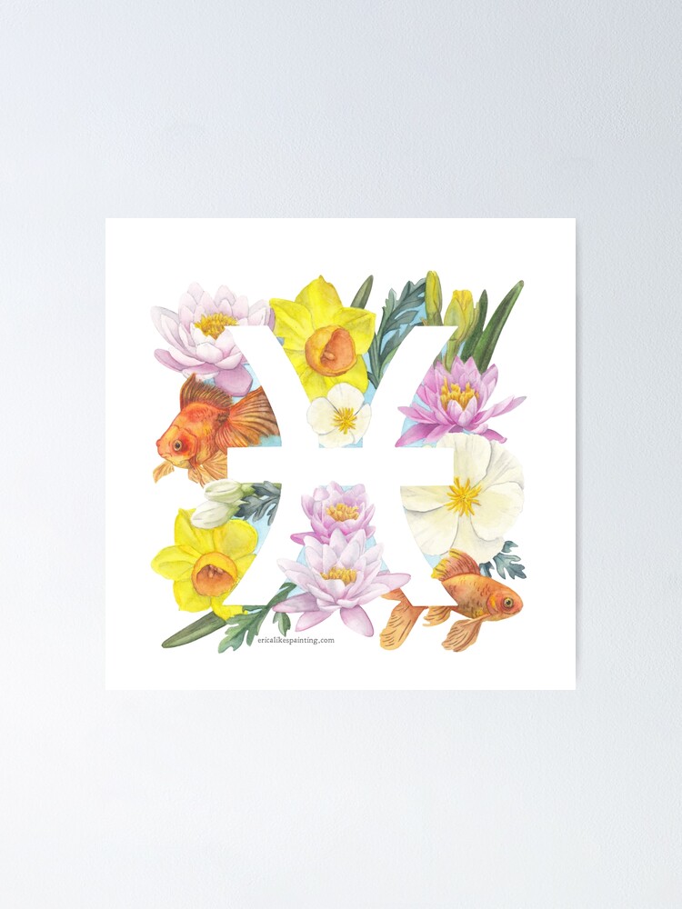 Pisces Watercolor Goldfish with Birth Flowers Water Lily Jonquil White  Poppies | Poster