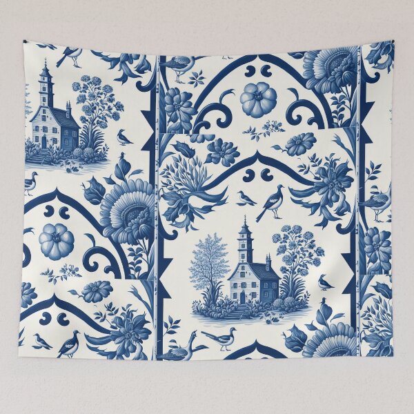 Item preview, Floral Garden Botanical Print with Delft Blue and White designed and sold by FloralFancy.