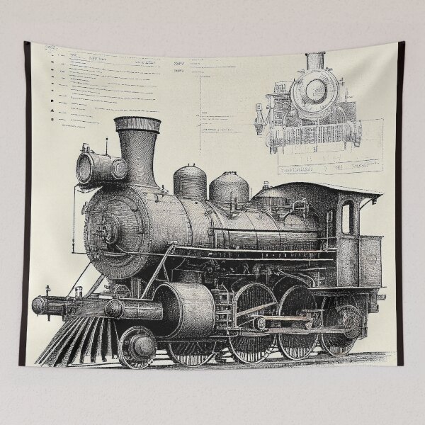 Item preview, Diagrammatic Drawing of Antique Train Locomotive, Black and White designed and sold by factory88.
