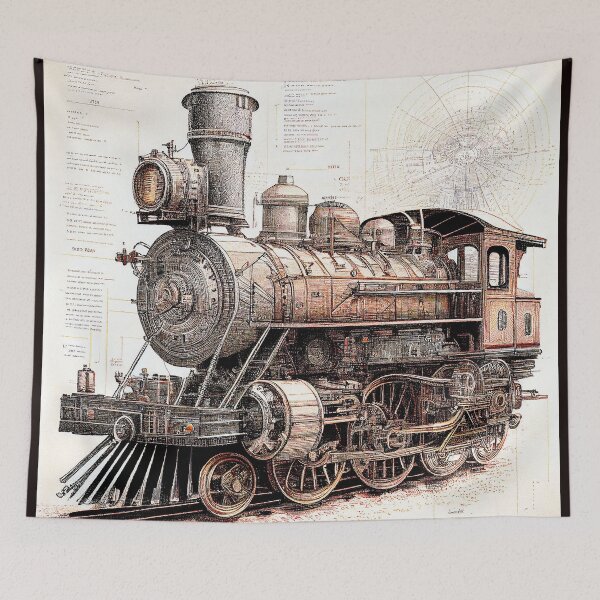 Item preview, Diagrammatic Drawing of Antique Train Locomotive, Black and Brown designed and sold by factory88.