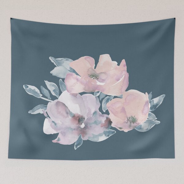 Item preview, Watercolor of pink and purple flowers over blue background designed and sold by marufemia.