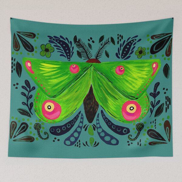 Item preview, Green gouache folkart inspired moth motif designed and sold by JadeRamseyArt.