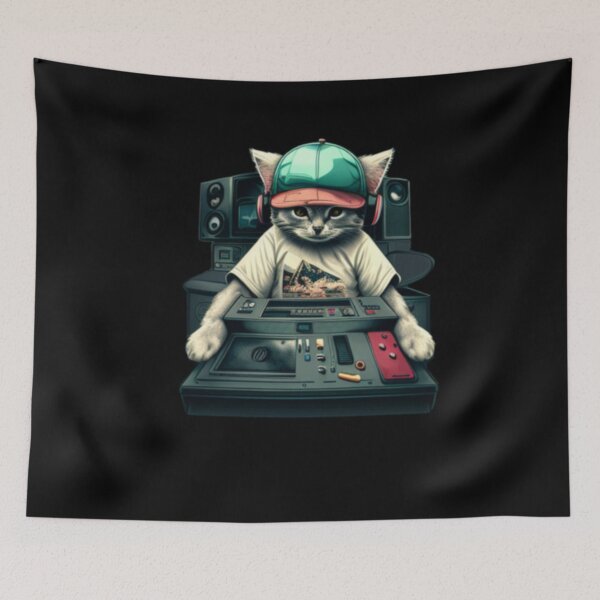 Item preview, DJ cat in a baseball cap playing on the console designed and sold by Diamaber.