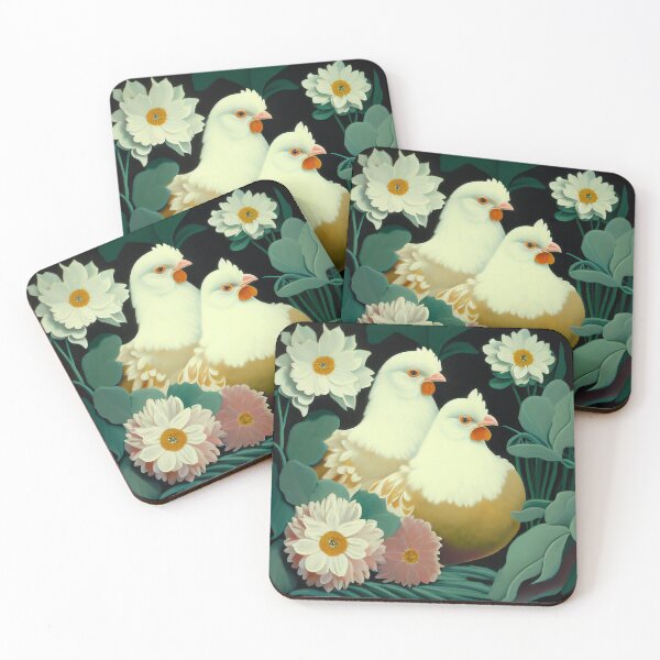 Item preview, Two Darling Chickens in a Flower Garden - New Mexico Folk Art Style designed and sold by newnomads-art.