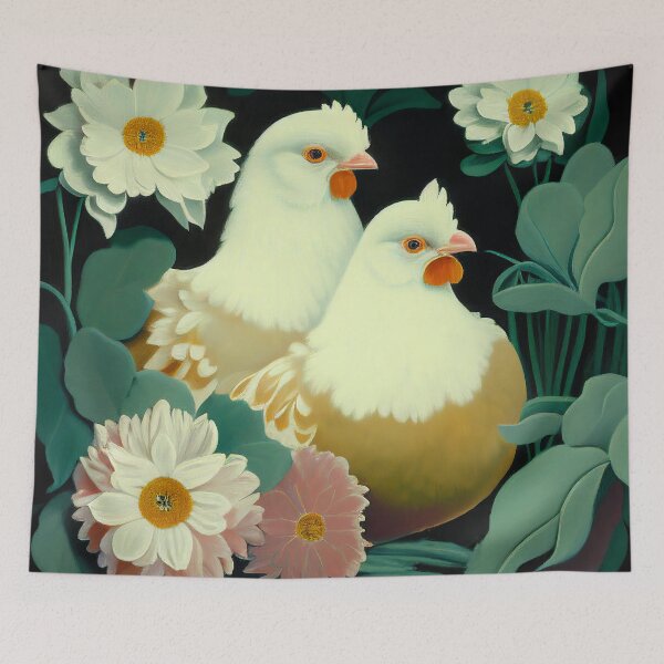 Item preview, Two Darling Chickens in a Flower Garden - New Mexico Folk Art Style designed and sold by newnomads-art.