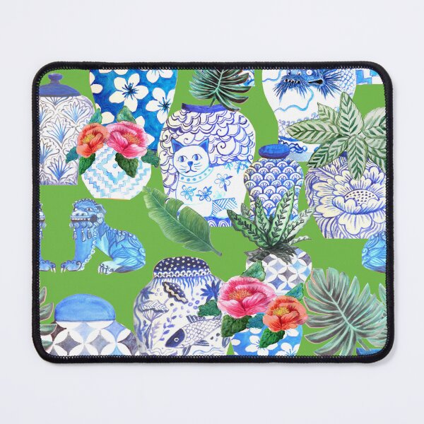 Item preview, blue and white Chinese ginger jars on green, Emerald green Chinoiserie designed and sold by MagentaRose.