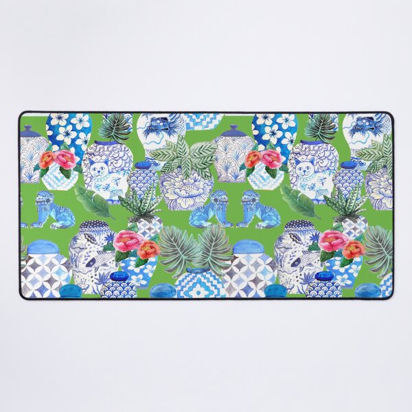 Item preview, blue and white Chinese ginger jars on green, Emerald green Chinoiserie designed and sold by MagentaRose.