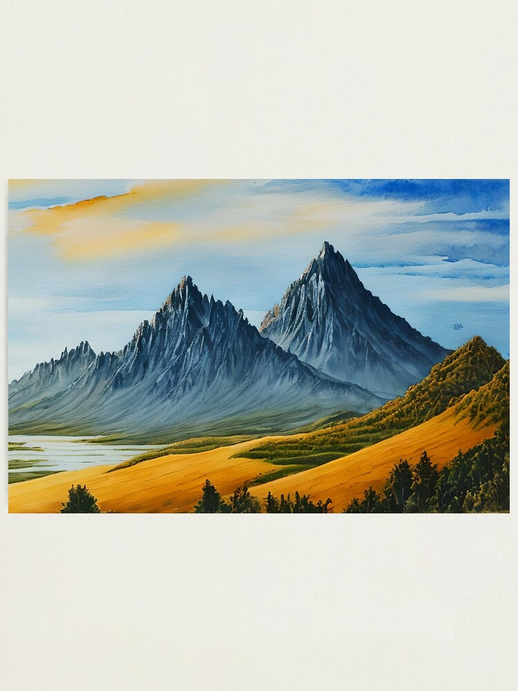 "Rocky mountains scenic view landscape with orange sunset sky watercolor painting" Photographic