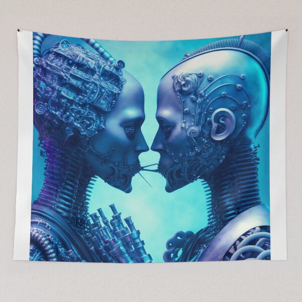 Item preview, Robots in Love on a frozen blue background designed and sold by Simone Davino.