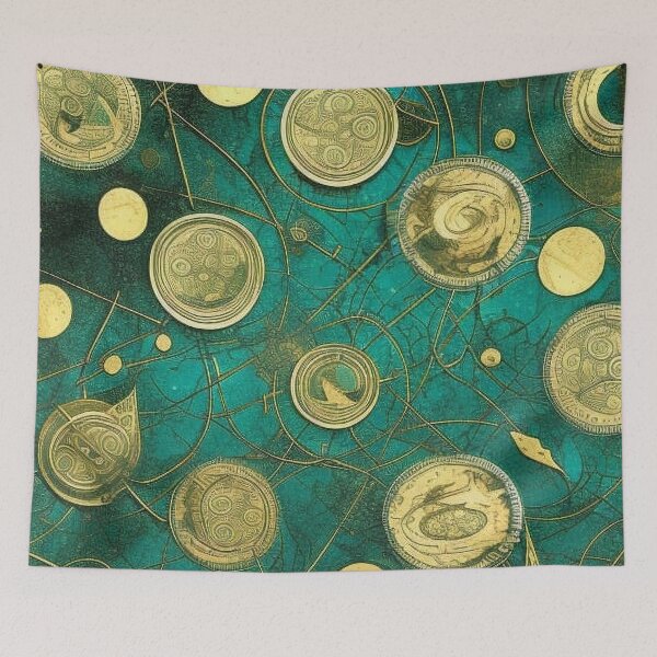 Item preview, Pattern, Coins Gold Glowing Green on Turquoise designed and sold by Canadamarsworks.