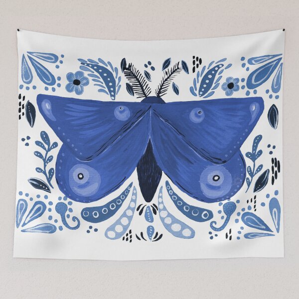 Item preview, Navy gouache folkart inspired moth motif designed and sold by JadeRamseyArt.