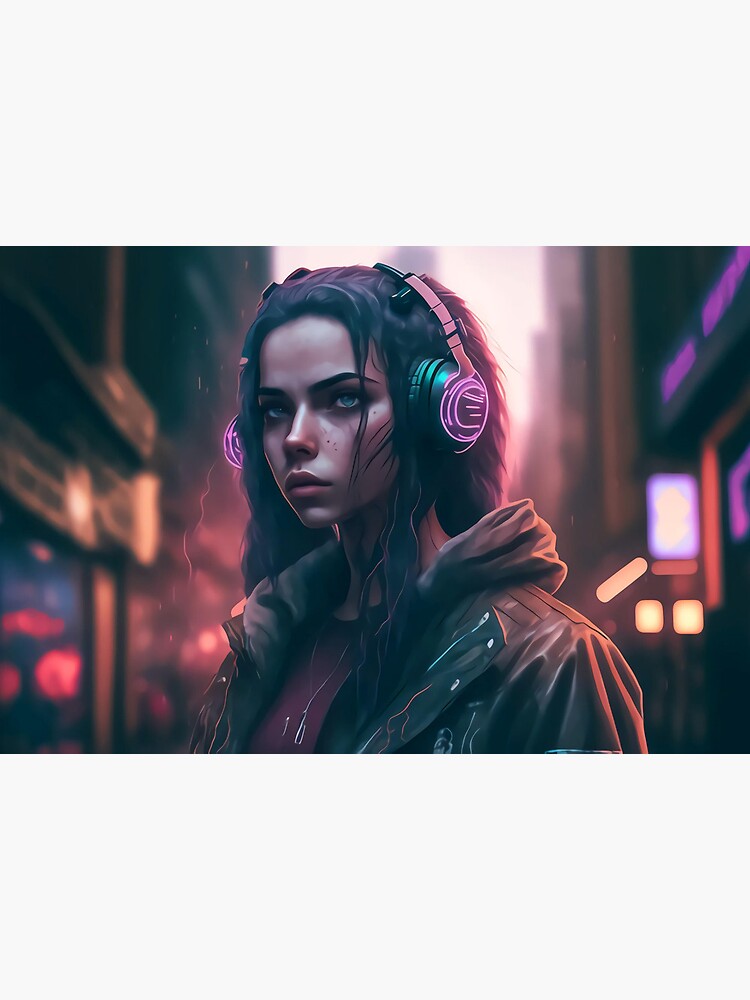 Cyberpunk, girl, workstation, neon, space, fish-eye view