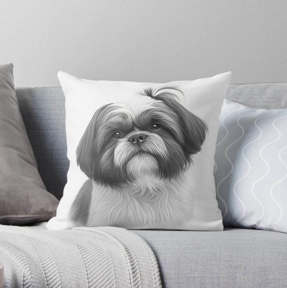 Black and white Shih Tzu pencil drawing Throw Pillow