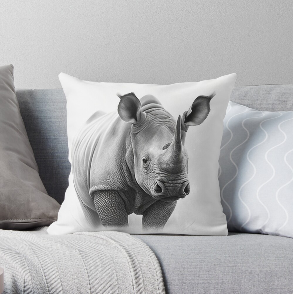 Black and white Rhino pencil drawing Throw Pillow