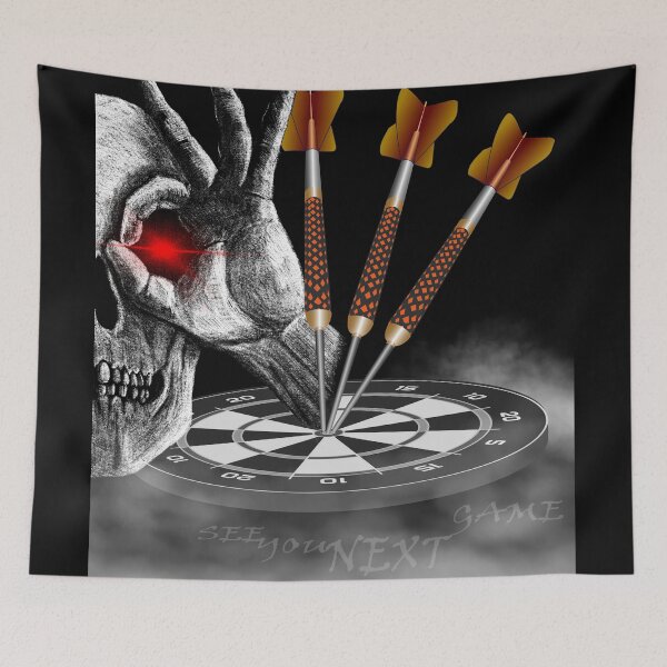 Item preview, Dart design, skull dartboard with saying See You Next Game, 3 darts in bullseye, cool motif for dart players designed and sold by ChrUzDesigner.