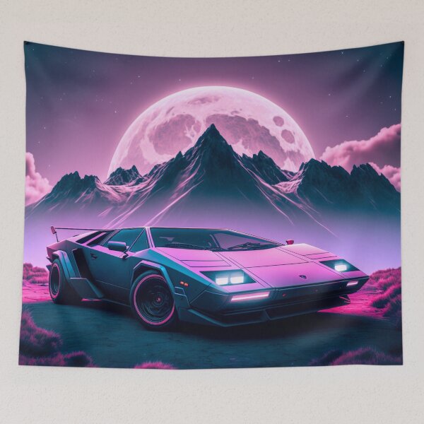 Artikelvorschau, Lamborghini Wandkunst Vollmond Synthwave entworfen und verkauft von VagabondTees.