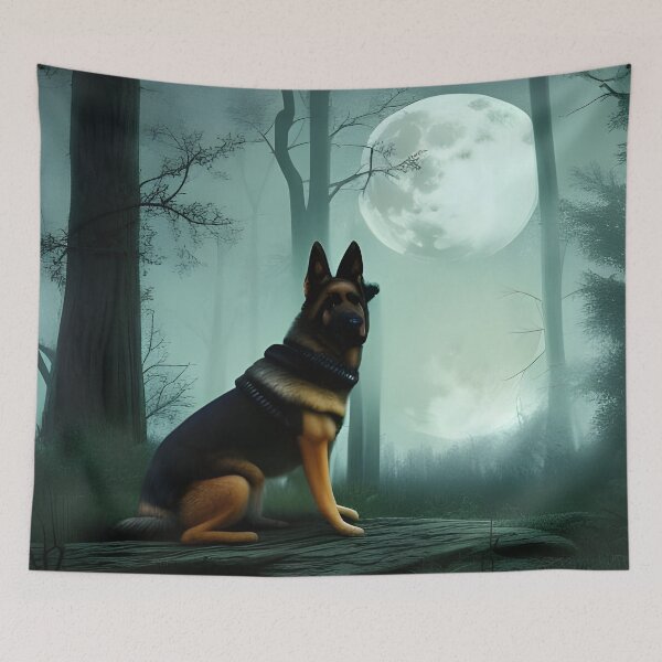Item preview, A german shepherd in haunted woods in the moonlight designed and sold by Doggymadness.