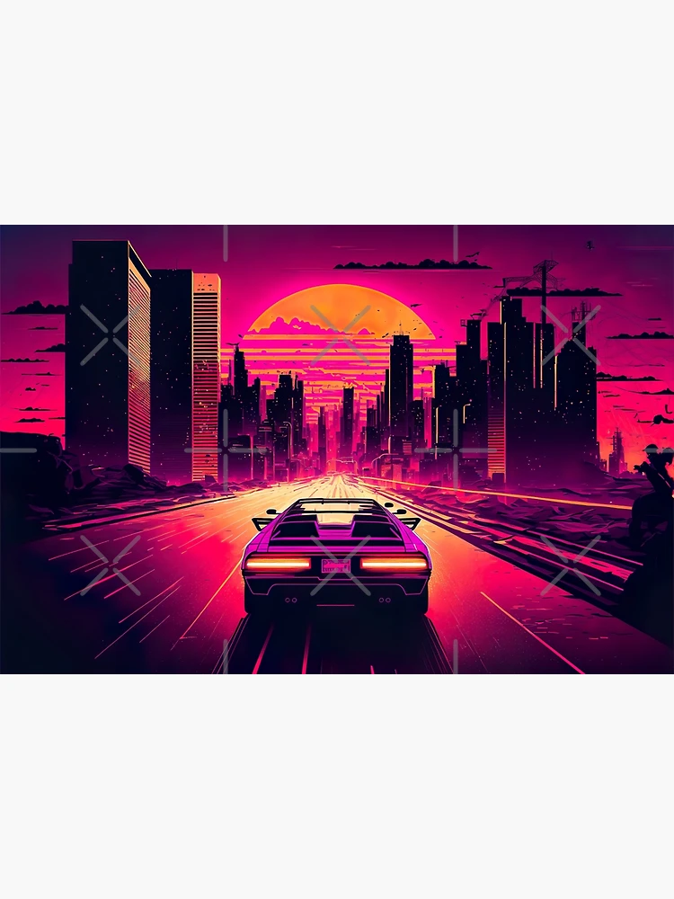 Retro-Futuristic Car Driving Through City Towards Synthwave Sun  Throw  Pillow for Sale by Nightarcade