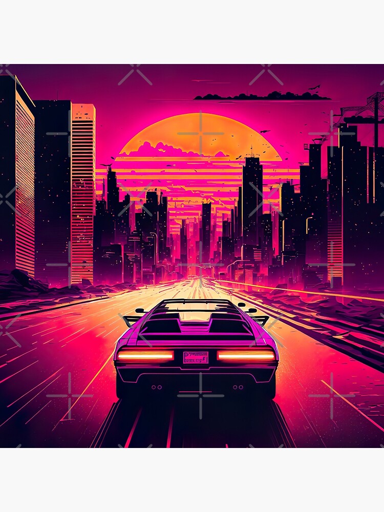 Retro-Futuristic Car Driving Through City Towards Synthwave Sun  Throw  Pillow for Sale by Nightarcade