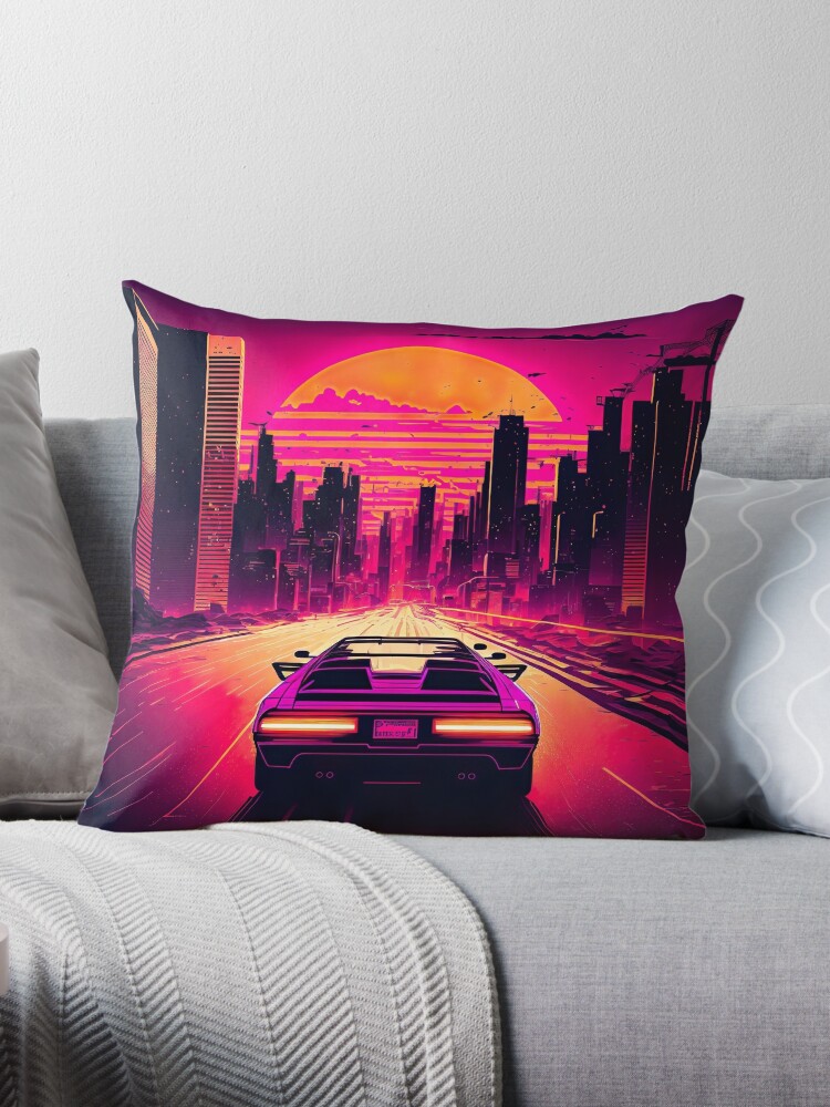 Retro-Futuristic Car Driving Through City Towards Synthwave Sun  Throw  Pillow for Sale by Nightarcade