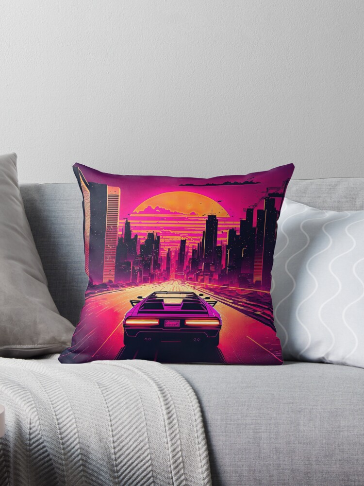 Retro-Futuristic Car Driving Through City Towards Synthwave Sun  Throw  Pillow for Sale by Nightarcade